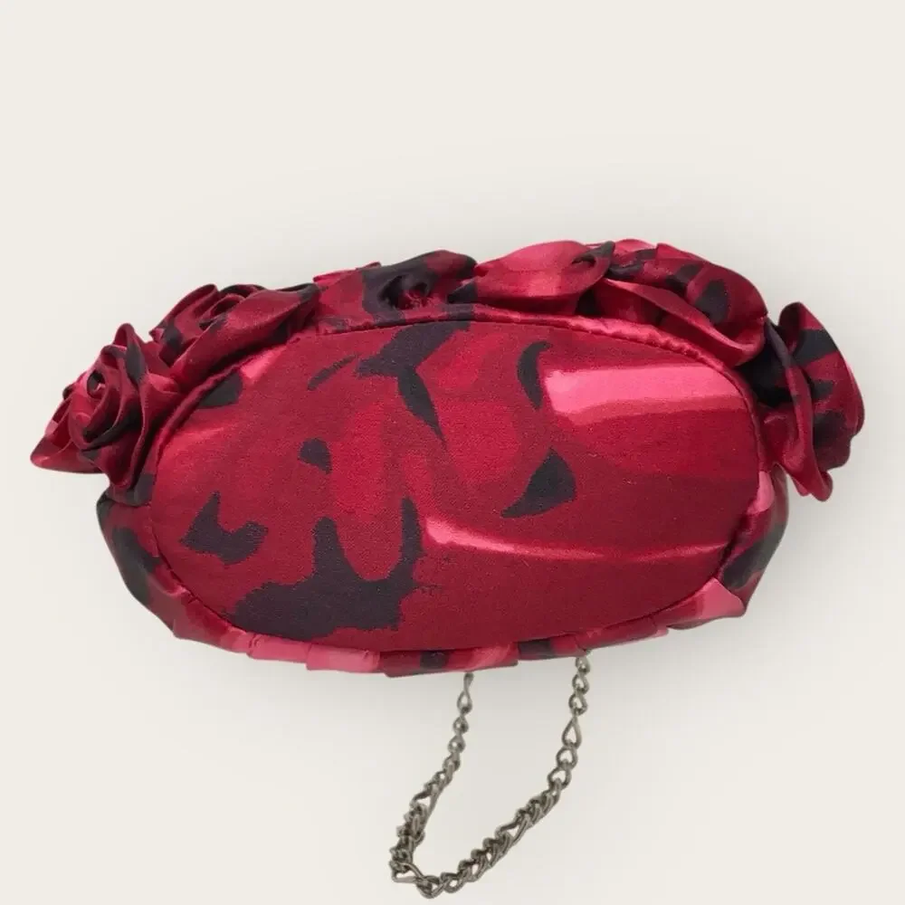 WHBM Rose Embellished Clutch Purse Small Pink & Red Floral Satin Handbag - Picture 5 of 9